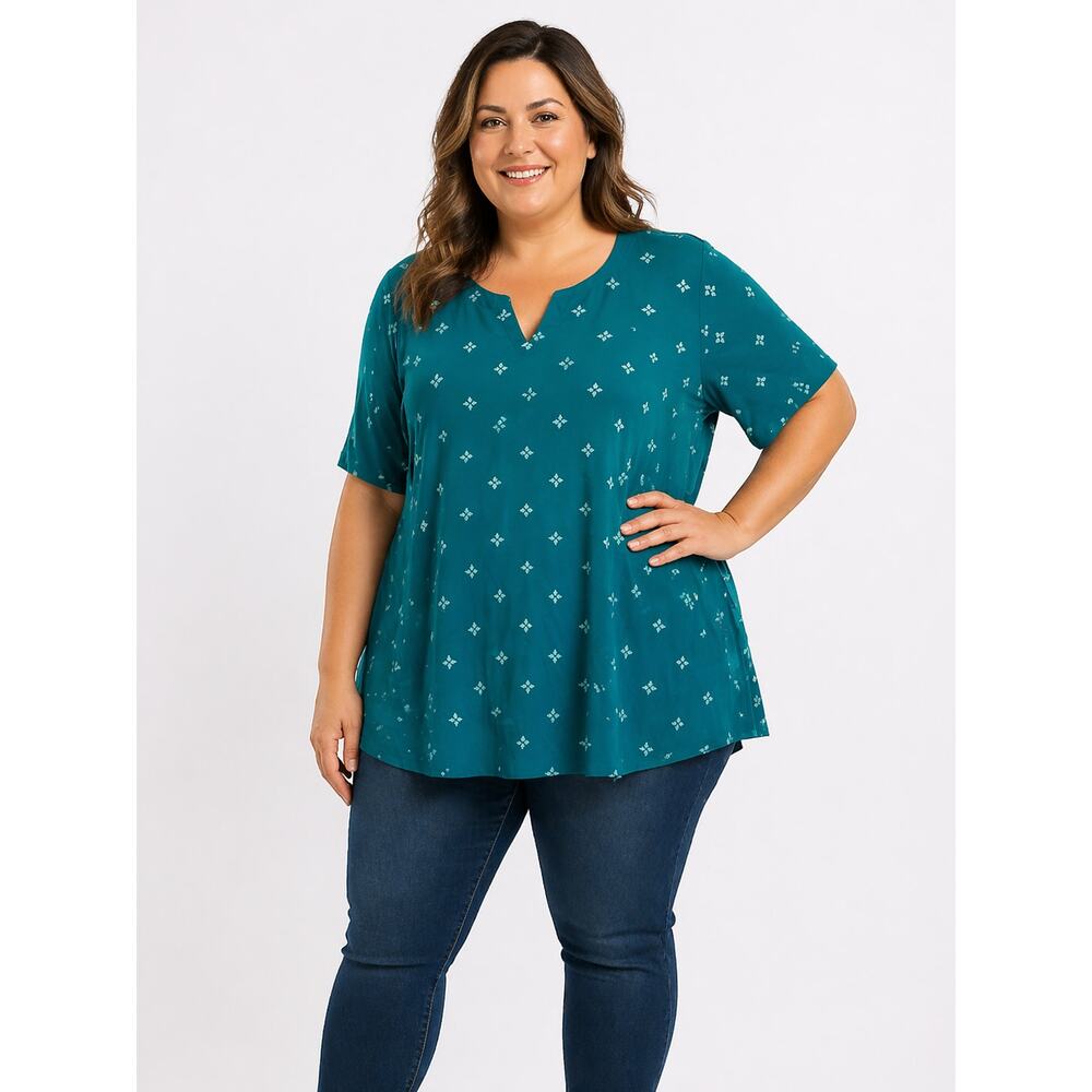 LR1001 Croft and Barrow Womens 3XL Teal Print Tunic Top Short Sleeve Plus Size